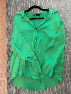 Zara Emerald Green Satin Button-Down Shirt